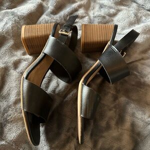 Black Leather Slingback Block Heel Sandals